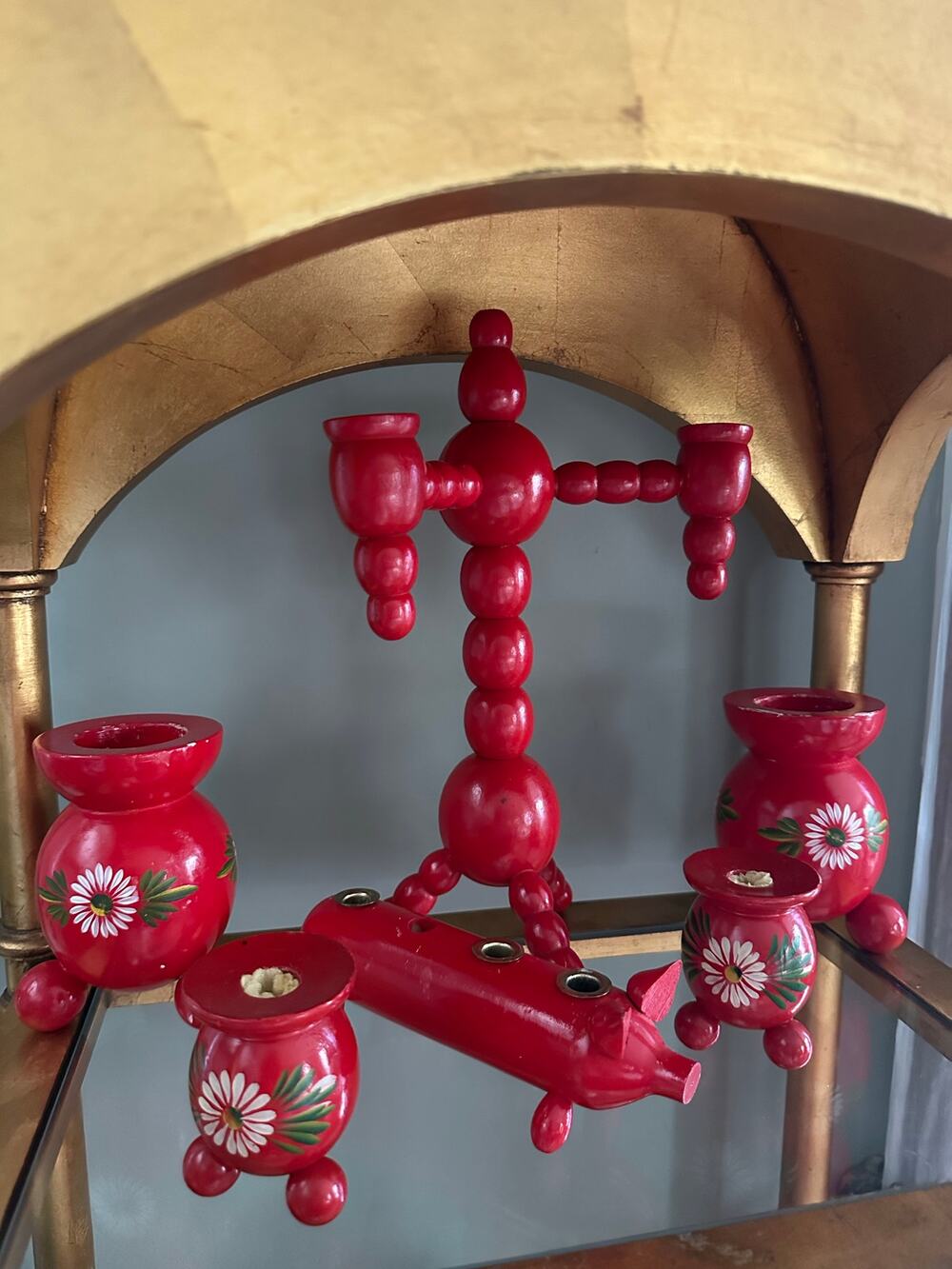 Vintage Swedish 4 Arm Candelabra Wood Red Mid Century Sweden Folk Art set 6